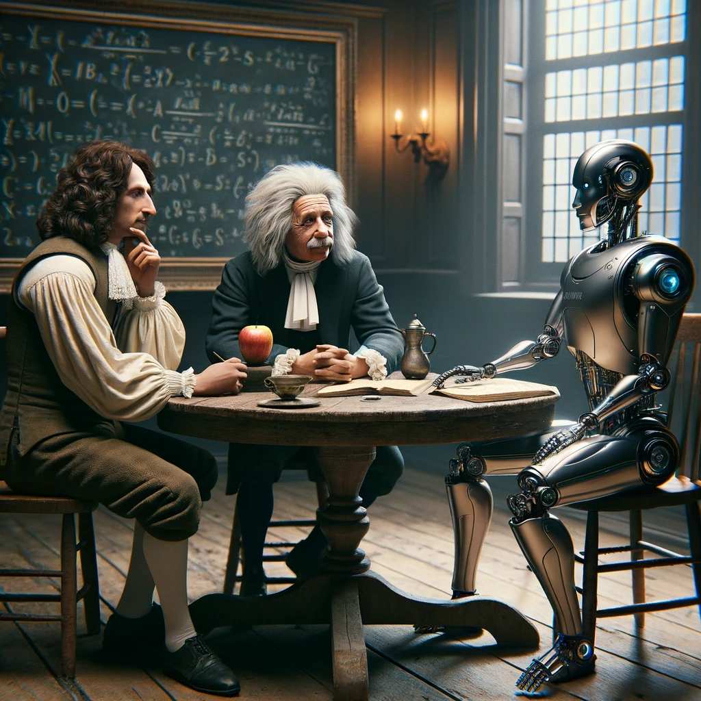 AI image of Newton, Einstein, and A Robot sitting at a table.