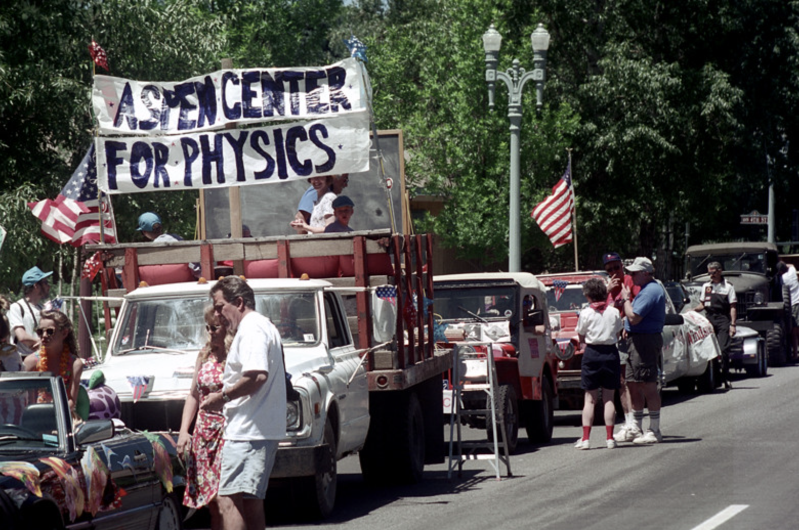 4th of July Parade on Main Street in Aspen, 1997. Aspen Center for Physics (ACP) parade participants. Part of an archival project, featuring the photographs of Nick Dewolf.