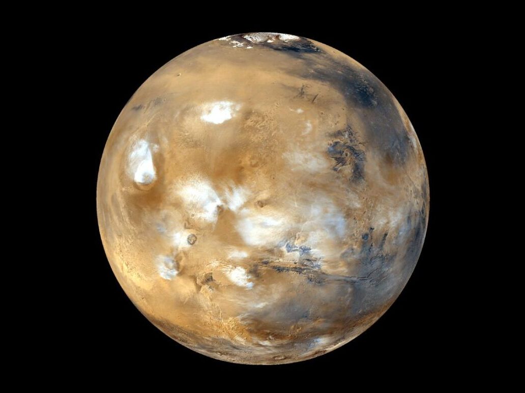 This composite image, from NASA Galileo and Mars Global Survey orbiters, of Earth and Mars was created to allow viewers to gain a better understanding of the relative sizes of the two planets.